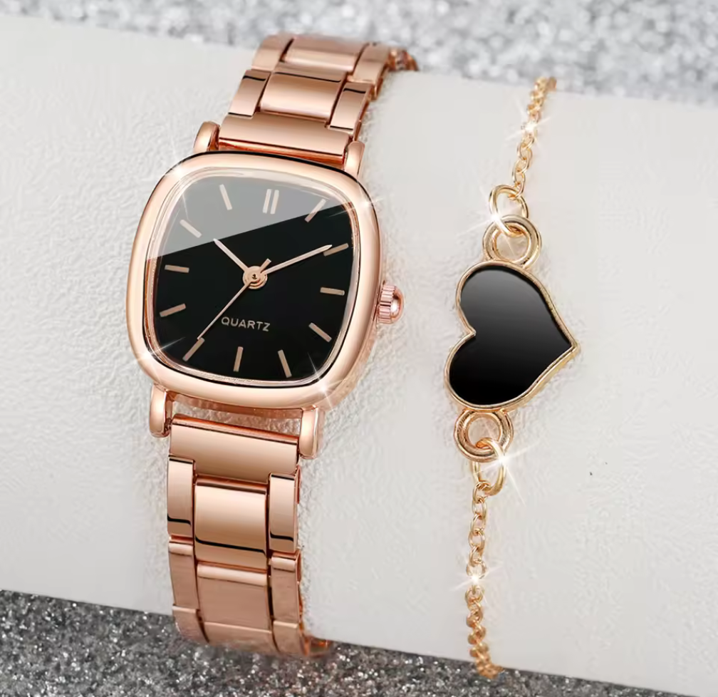 Elegant set med damklocka & hjärtarmband – Roséguld & svart