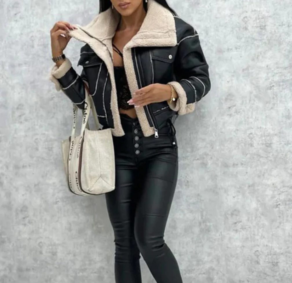 Croppad pilotjacka med foder – Svart & Beige