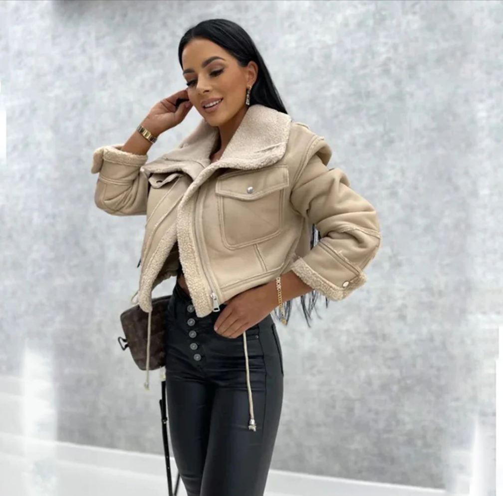 Croppad pilotjacka med foder – Svart & Beige