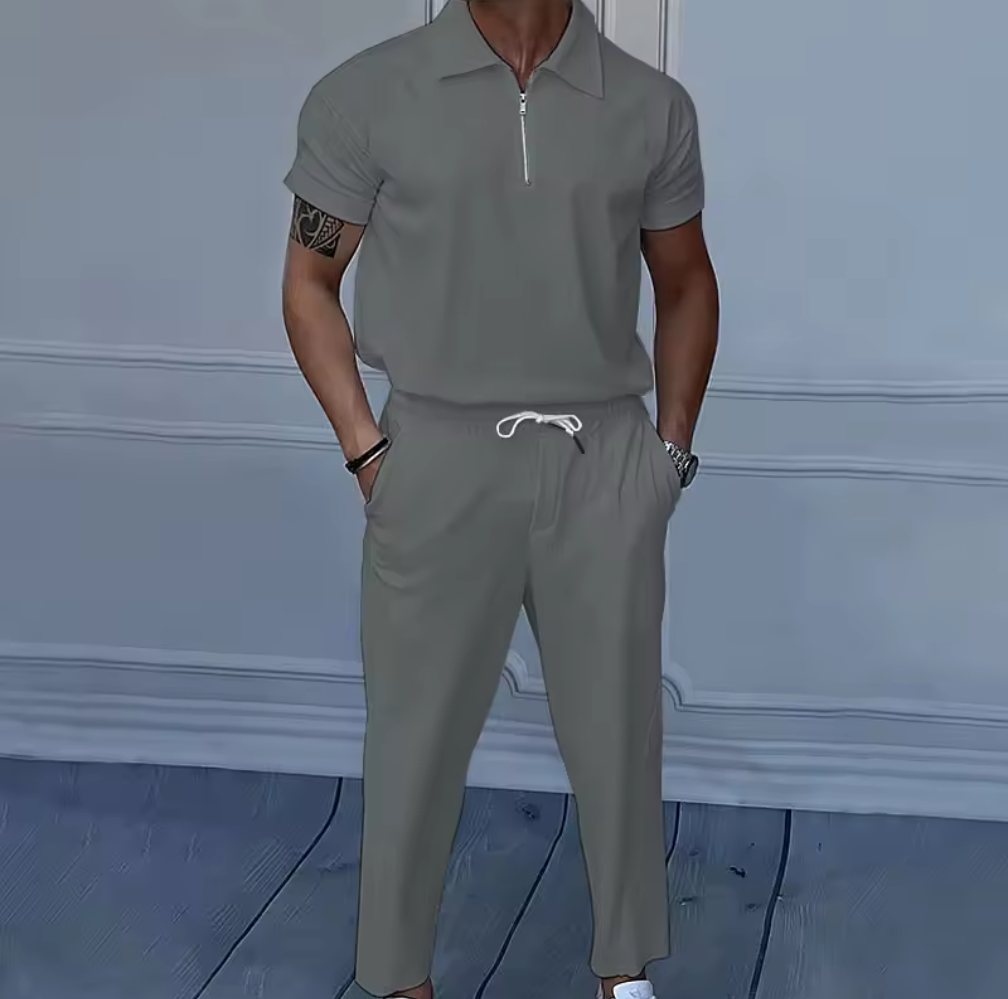 Elegant och Sportigt Zip-Set för Män - Mörkgrå