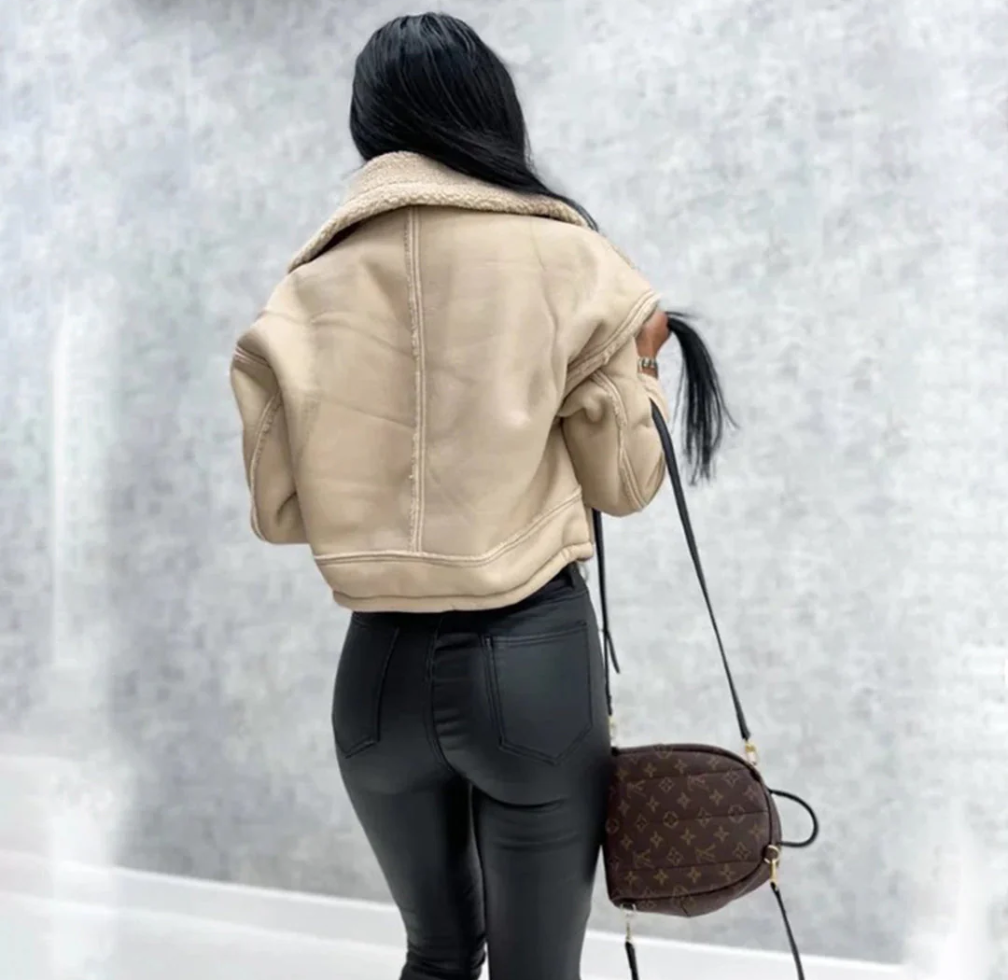 Croppad pilotjacka med foder – Svart & Beige