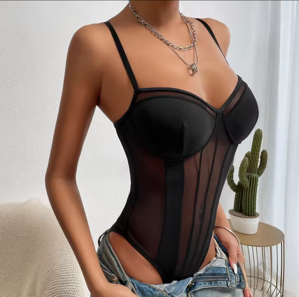 Elegant Svart Mesh-Bodysuit med Formade Kupor