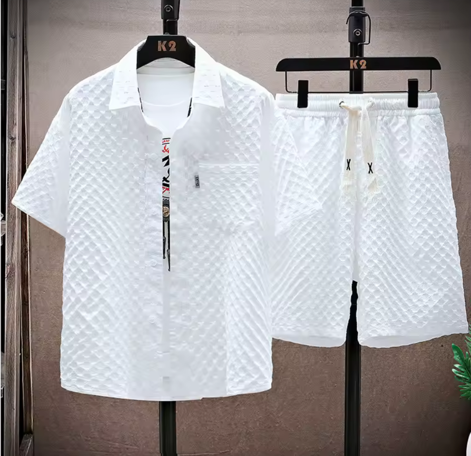 Tvådelat herrset med struktur – kortärmad skjorta & shorts