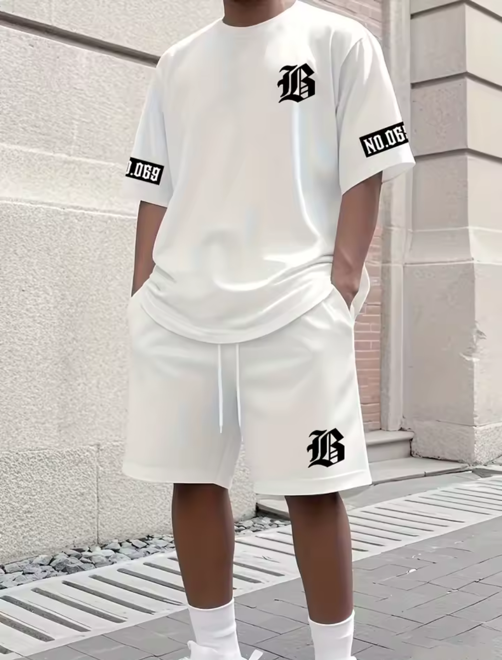 Street Code Set – Vit t-shirt & shorts med tryck