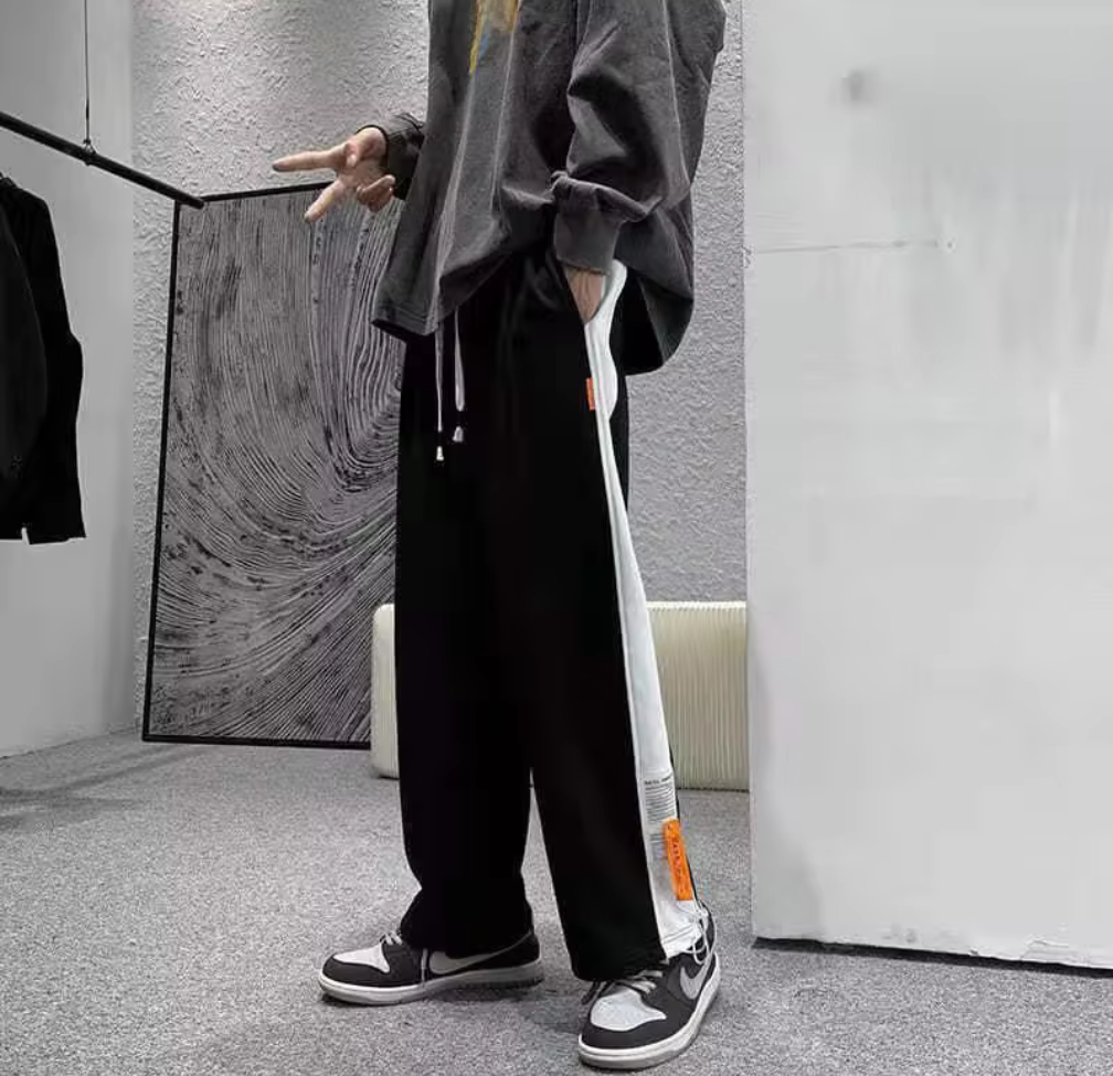 Streetwear-byxa med kontrastpanel och knappdetaljer – Svart, Grå, Vit