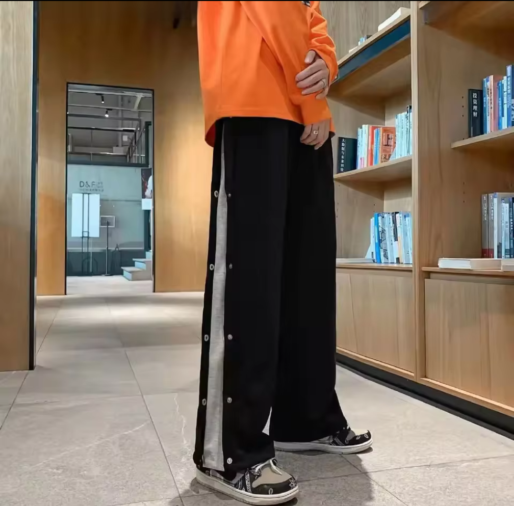 Streetwear-byxa med kontrastpanel och knappdetaljer – Svart, Grå, Vit