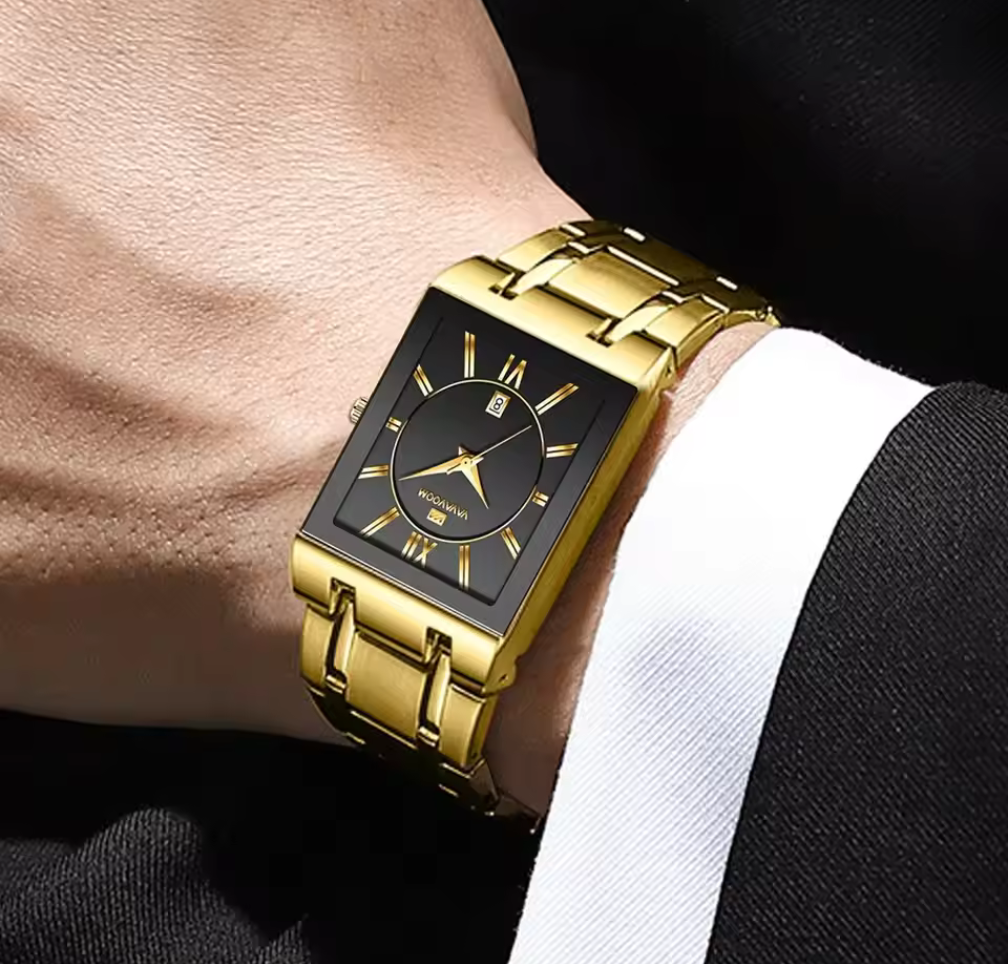 Elegant herrklocka i guld – klassisk rektangulär design