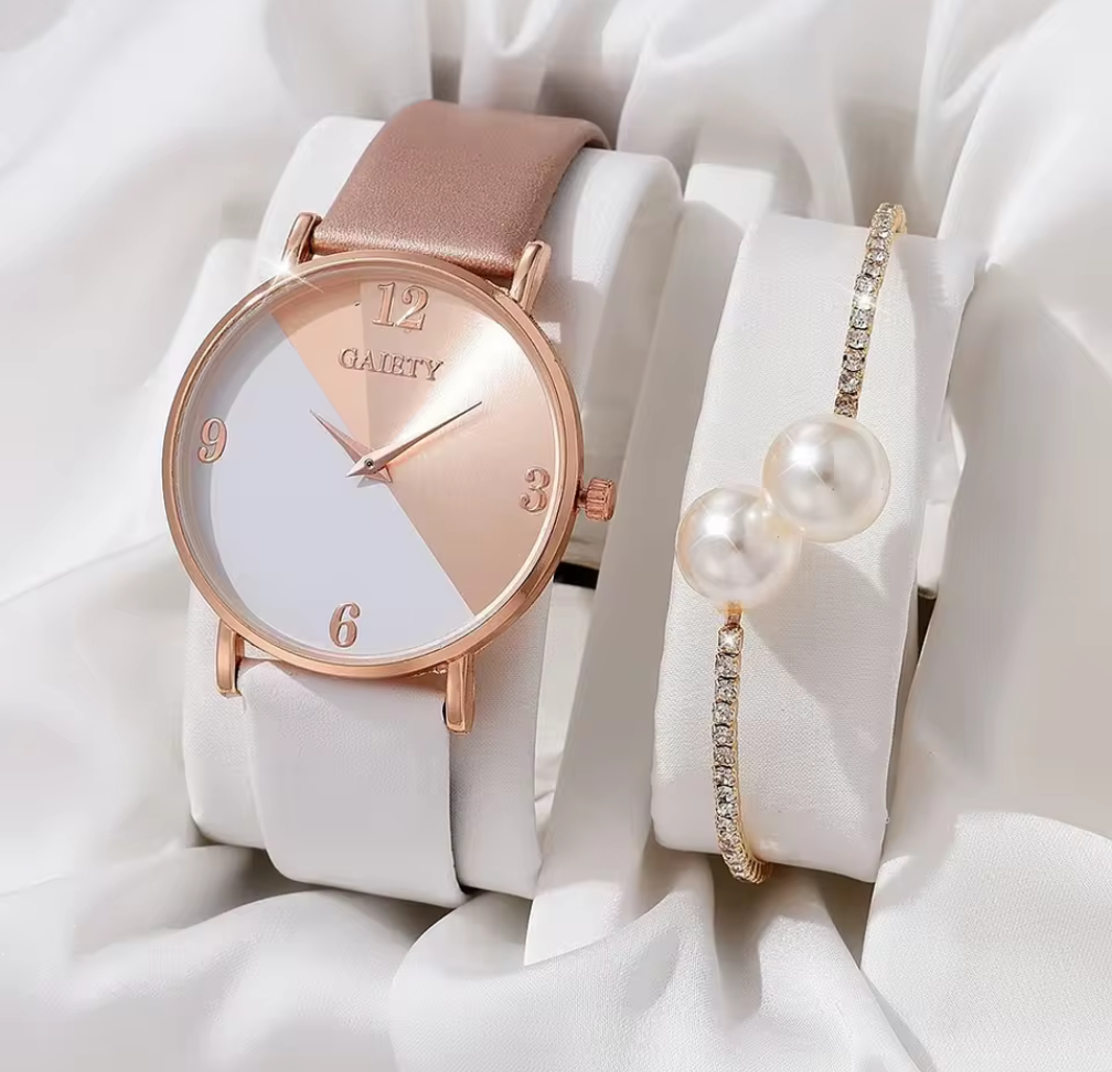 Elegant damklocka i roséguld med matchande armband – Svart hjärta
