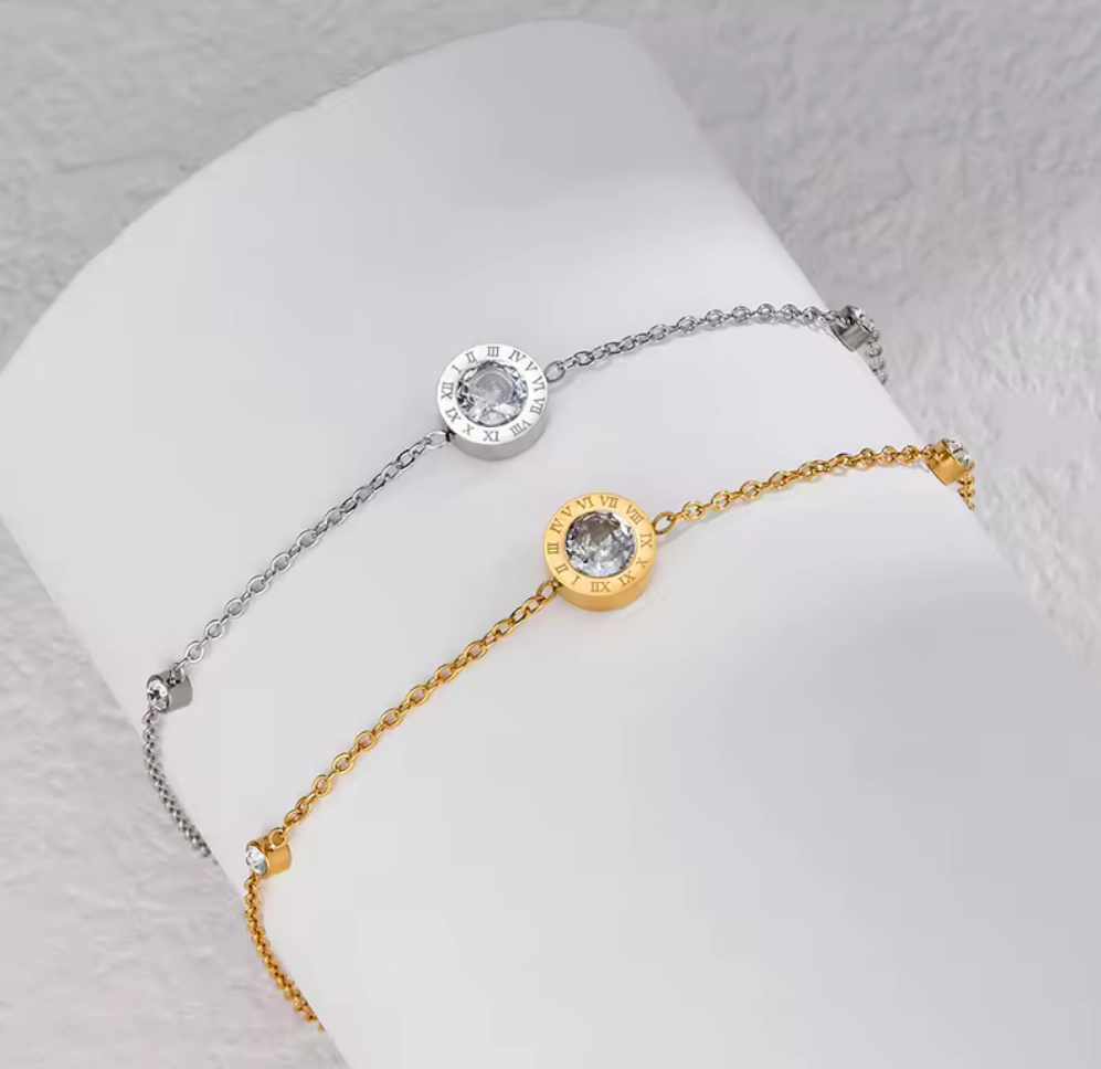 Tidlöst armband i rostfritt stål med kristall och romerska siffror – Guld & Silver