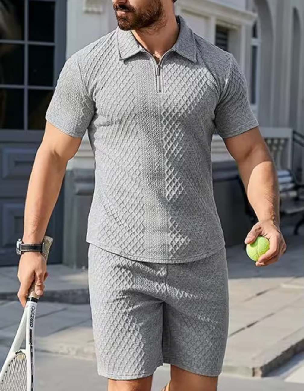 Tvådelad herroutfit i texturstickad pikéstil – kortärmad topp & shorts