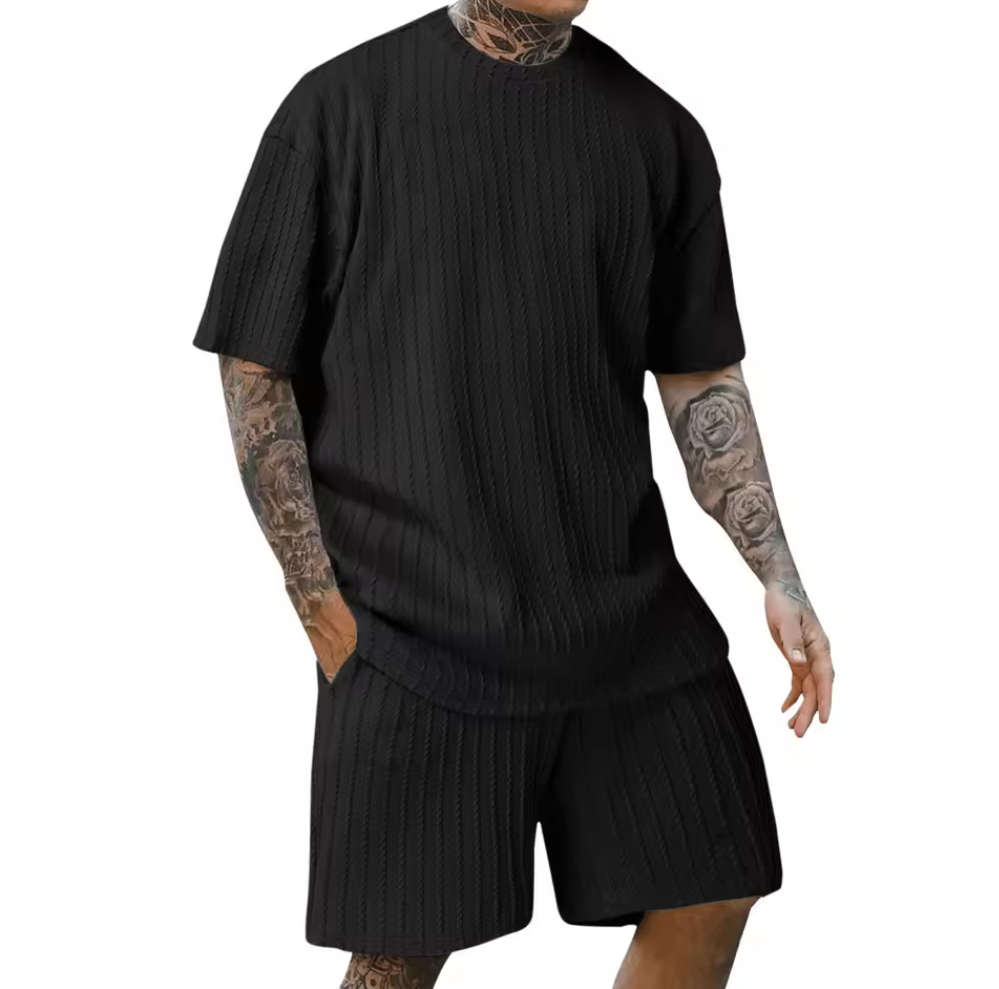 Stilrent och bekvämt ribbad shorts-set för män - Svart